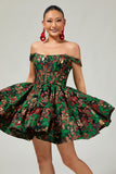 Off The Shoulder Dark Green Brocade Floral A Line Printed Cocktail Dress