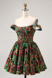 Off The Shoulder Dark Green Brocade Floral A Line Printed Cocktail Dress