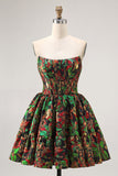 Off The Shoulder Dark Green Brocade Floral A Line Printed Cocktail Dress