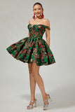 Off The Shoulder Dark Green Brocade Floral A Line Printed Cocktail Dress
