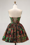 Off The Shoulder Dark Green Brocade Floral A Line Printed Cocktail Dress