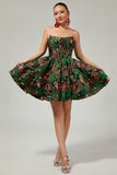 Off The Shoulder Dark Green Brocade Floral A Line Printed Cocktail Dress