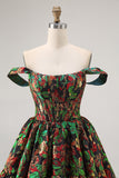 Off The Shoulder Dark Green Brocade Floral A Line Printed Cocktail Dress