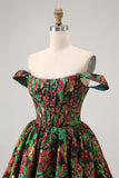 Off The Shoulder Dark Green Brocade Floral A Line Printed Cocktail Dress