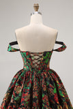 Off The Shoulder Dark Green Brocade Floral A Line Printed Cocktail Dress