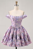 Off The Shoulder Dark Green Brocade Floral A Line Printed Cocktail Dress