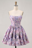 Off The Shoulder Dark Green Brocade Floral A Line Printed Cocktail Dress