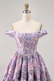 Off The Shoulder Dark Green Brocade Floral A Line Printed Cocktail Dress