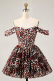Khaki Leopard Off the Shoulder Corset A Line Mini Cocktail Dress