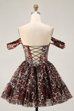 Khaki Leopard Off the Shoulder Corset A Line Mini Cocktail Dress