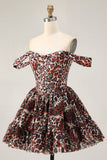 Khaki Leopard Off the Shoulder Corset A Line Mini Cocktail Dress