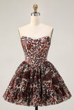 Khaki Leopard Off the Shoulder Corset A Line Mini Cocktail Dress