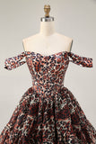 Khaki Leopard Off the Shoulder Corset A Line Mini Cocktail Dress