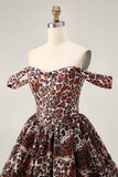 Khaki Leopard Off the Shoulder Corset A Line Mini Cocktail Dress