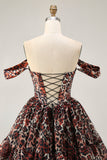 Khaki Leopard Off the Shoulder Corset A Line Mini Cocktail Dress
