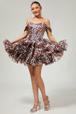 Khaki Leopard Off the Shoulder Corset A Line Mini Cocktail Dress