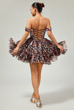 Khaki Leopard Off the Shoulder Corset A Line Mini Cocktail Dress