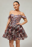 Khaki Leopard Off the Shoulder Corset A Line Mini Cocktail Dress