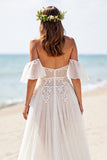 White A Line Chiffon Beach Wedding Dress with Slit