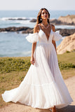 White Spaghetti Straps Sweep Train A Line Wedding Dress