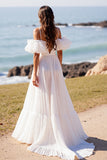 White Spaghetti Straps Sweep Train A Line Wedding Dress