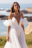 White Spaghetti Straps Sweep Train A Line Wedding Dress