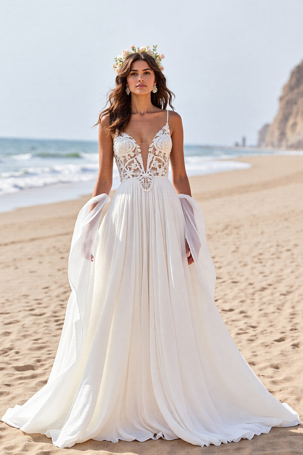 Zapaka Women Chiffon Wedding Dress with Lace A Line Spaghetti Straps Beach Sweep Train Bridal Dress Zapaka CA Zapaka Women Chiffon Wedding Dress with Lace A Line Spaghetti Straps Beach Sweep Train Bridal Dress Zapaka CA