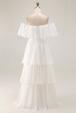 White Off the Shoulder Ruffle Chiffon A Line Wedding Dress