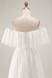 White Off the Shoulder Ruffle Chiffon A Line Wedding Dress