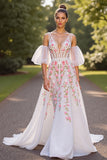 White Floral V Neck A Line Wedding Dress with Detachable Sleeves