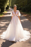 White Floral Half Sleeves A Line Wedding Dress