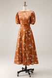Orange Floral Printed A Line Midi Wedding Guest Dress with Sleeves