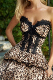 Khaki Leopard Printed Ruffled Short Prom Dress with Lace