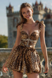 Sparkly Khaki Leopard Printed Short Prom Dress with Beading