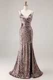 Mermaid Golden Leopard Spaghetti Straps Long Prom Dress with Slit