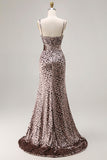 Mermaid Golden Leopard Spaghetti Straps Long Prom Dress with Slit