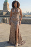 Glitter Golden Leopard Mermaid Halter Long Prom Dress with Slit