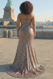 Glitter Golden Leopard Mermaid Halter Long Prom Dress with Slit