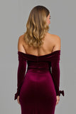 Burgundy Long Sleeves Off The Shoulder Holiday Party Dress With Slit