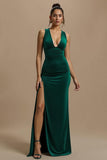 Dark Green Long V-Neck Holiday Party Dress With Slit