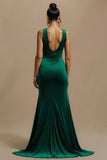 Dark Green Long V-Neck Holiday Party Dress With Slit