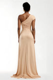 Champagne One Shoulder Sheath Long Bridesmaid Dress With Sleeves