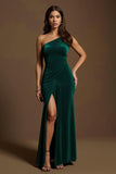 Dark Green Velvet One Shoulder Mermaid Long Holiday Party Dress With Slit