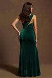 Dark Green Velvet One Shoulder Mermaid Long Holiday Party Dress With Slit