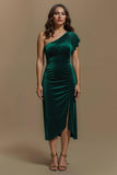 Dark Green Sheath Midi Velvet Holiday Party Dress With Sleeves