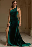 Dark Green Velvet One Shoulder Long Holiday Party Dress with Slit