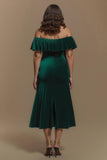 Dark Green Off the Shoulder Buttons Velvet Long Holiday Party Dress With Slit