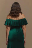 Dark Green Off the Shoulder Buttons Velvet Long Holiday Party Dress With Slit