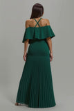 Dark Green Pleated Halter Long Holiday Party Dress With Ruffles