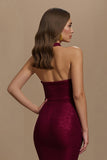 Sparkly Burgundy Halter Mermaid Long Holiday Party Dress